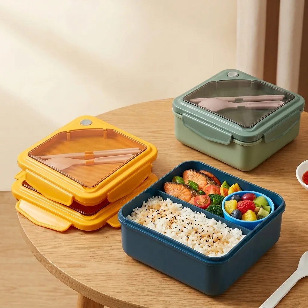 Meal Prep Or Prep Meal - 大人も子供も使える、電子レンジ対応のプラスチック製弁当箱セット。食事の準備や、お弁当、スナック、サラダなどを入れるのに便利な仕切り付きの容器とカトラリーが付属。