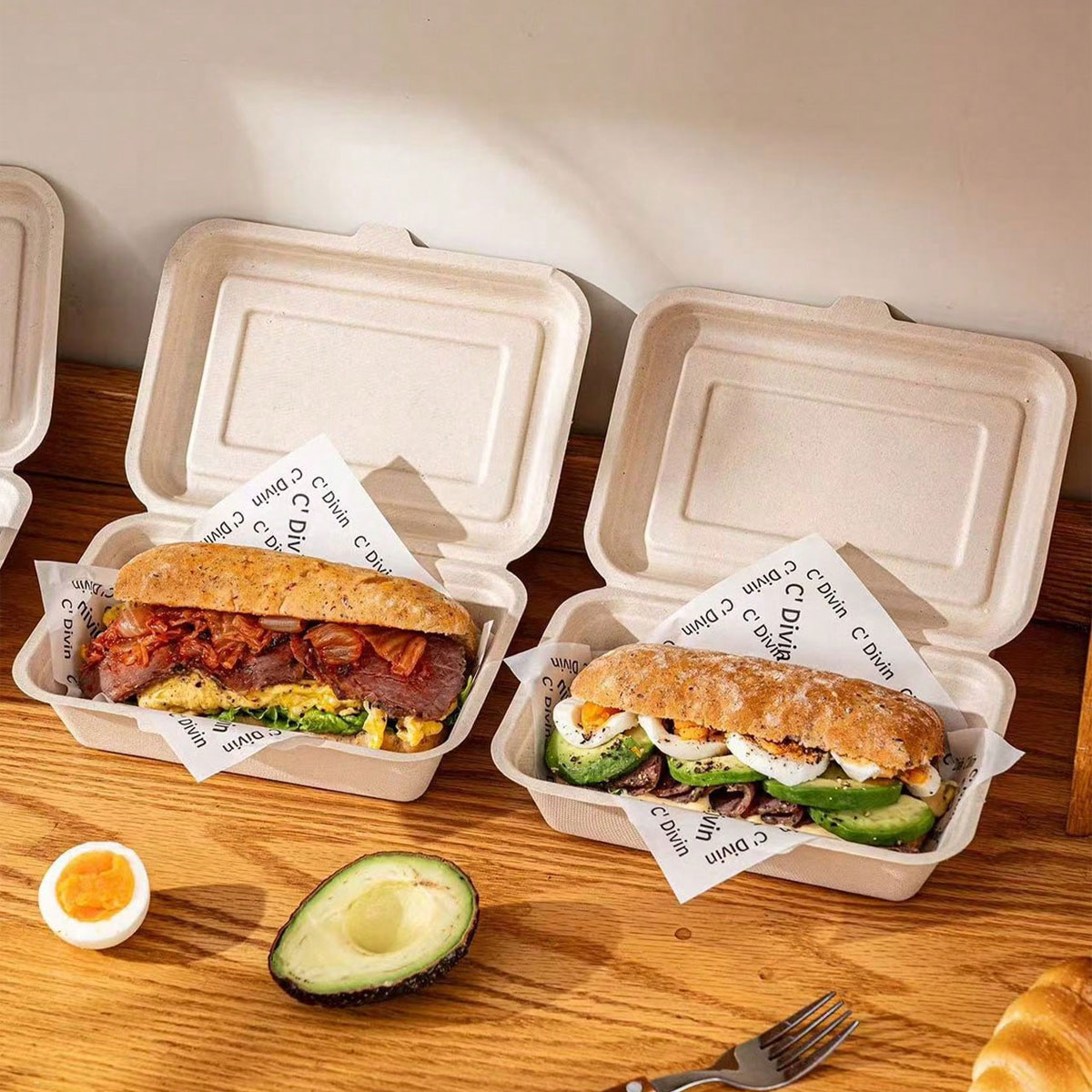 Meal Prep Bowl - チャバタ包装箱、紙包装サンドイッチ、ハンバーガー、ハンドケーキ、ケーキ、ティラミス、蓋付き使い捨てランチボックス