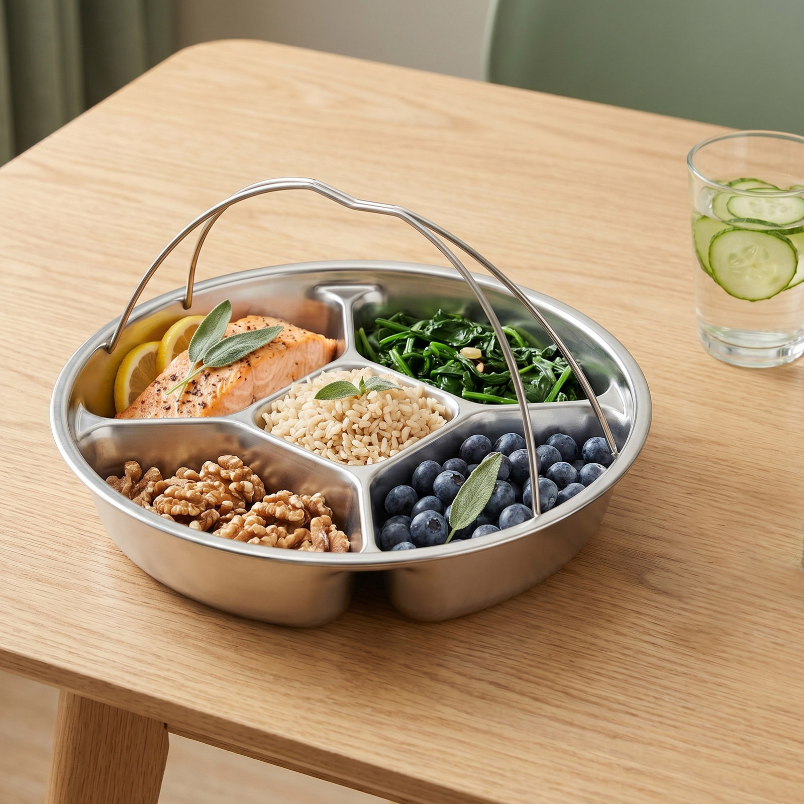ステンレス製、仕切り付きの5区画の盛り付け皿。持ち手付きで、 - Meal Prep Kitchen のレビューと価格